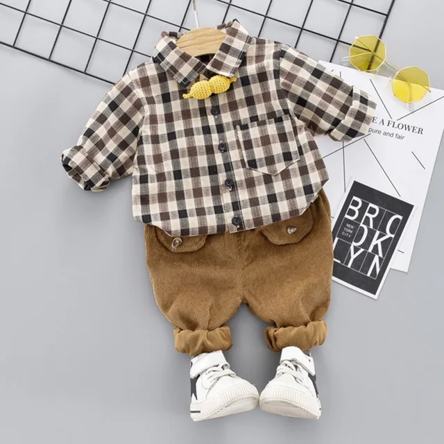 Humor Bear/весенне-осенний комплект одежды для маленьких мальчиков, рубашка в клетку с длинными рукавами+ штаны свитер с буквенным принтом детская одежда для мальчиков из 2 предметов с отворотами - Цвет: black