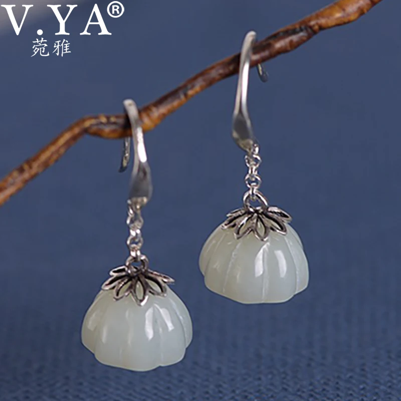V.YA, настоящее 925 пробы, серебряные Винтажные серьги-гвоздики в форме лотоса для женщин, натуральный камень, подарок для девушек, элегантные ювелирные изделия, Этническая мода