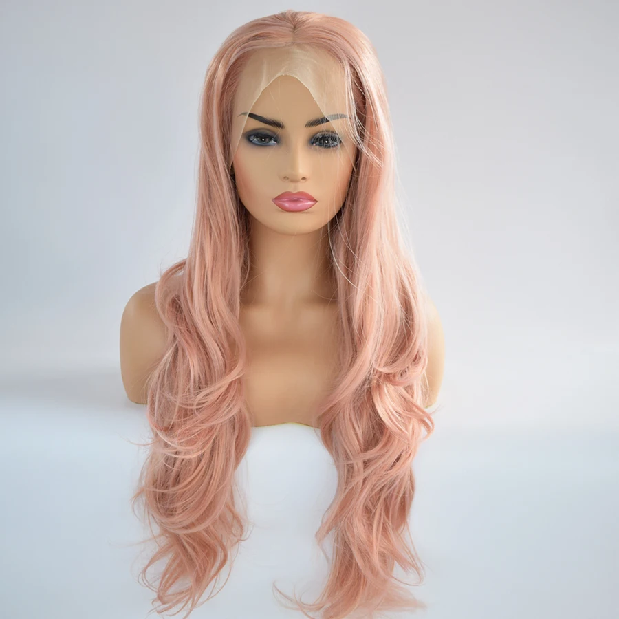 Персиковый розовый парики для женщин длинные волнистые синтетические парики на кружеве розовый Золотой смешанный цвет Волнистые парики бесклеевое Термостойкое волокно