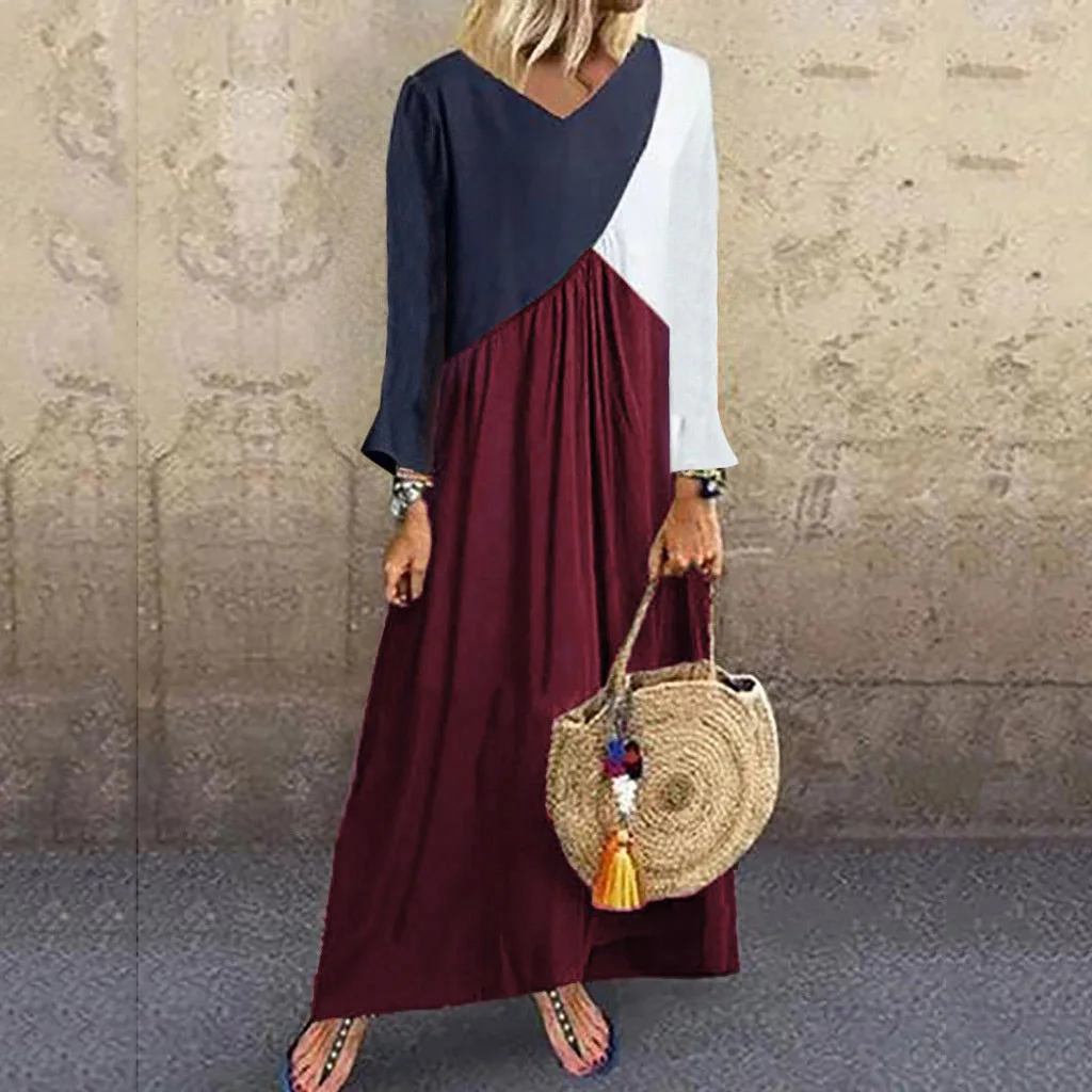 Boho Chic Plus Size Maxi Long Dress Women Casual Loose Color Block Dress Patchwork Short Sleeve Beach Summer Dresses Women - Цвет: 8012 wine red