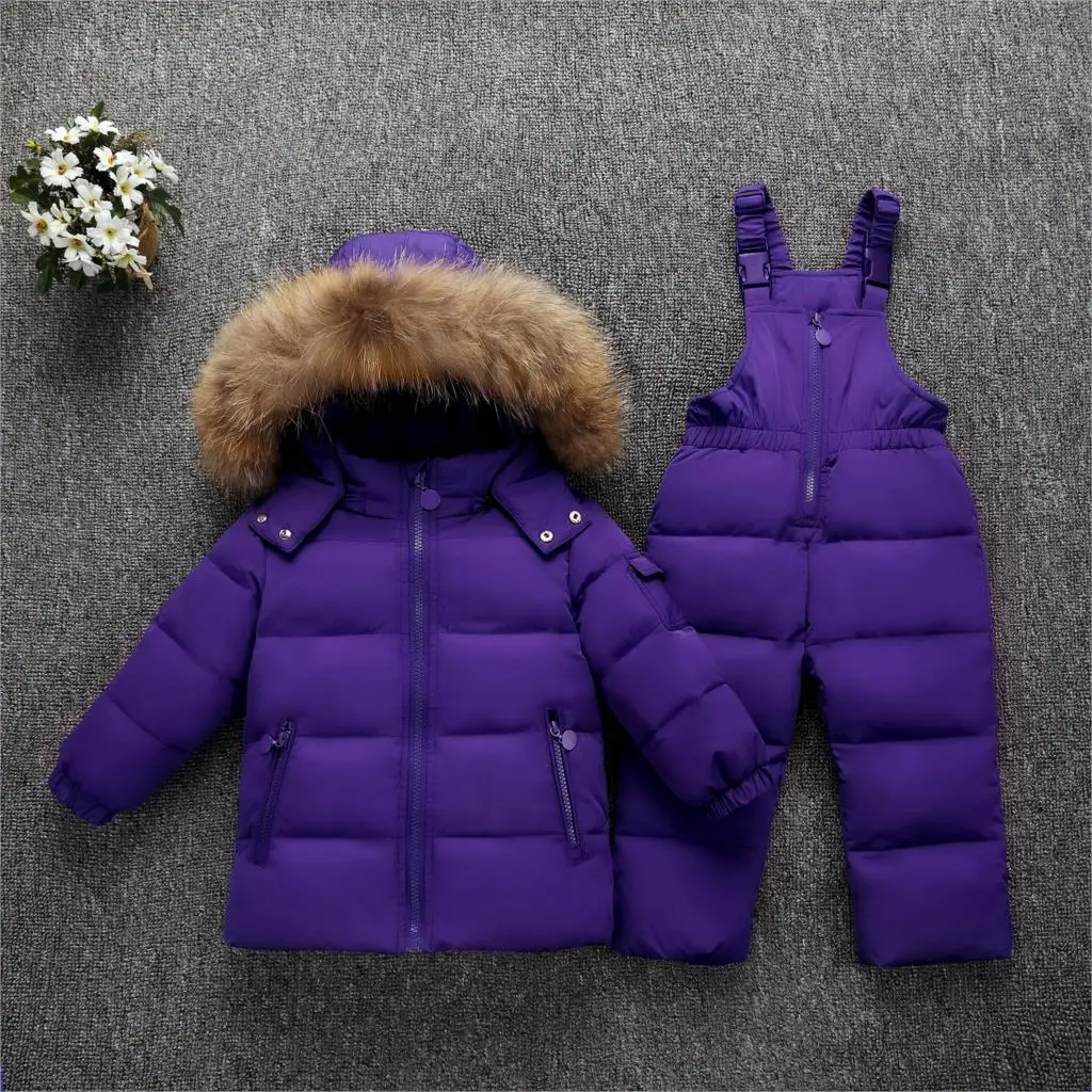 Детский зимний комплект одежды для мальчиков, куртка-пуховик+ комбинезон для девочек, зимний комбинезон для маленьких девочек-30 градусов - Цвет: Фиолетовый