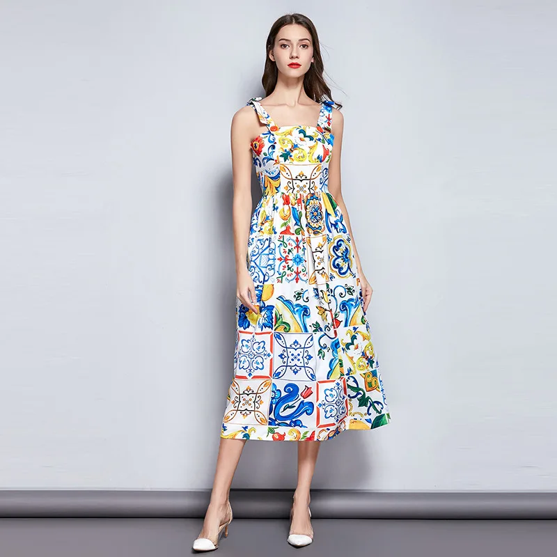 

2019 Europe And America Fashion lu jian qun Children Twill Digital Printing Strap Dress Commuting Strapped Dress