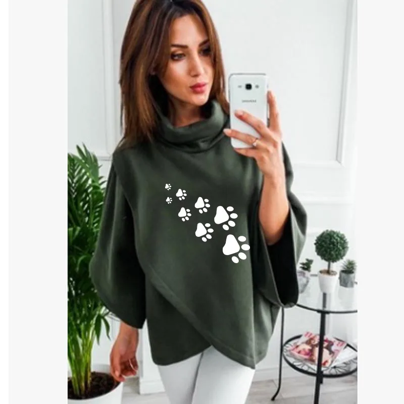 Dog Paw Letters Printed Scarf Collar Casual Sweatshirts Vintage Oversized Crop Top Female Batwing Autumn Womens Hoodies 2019 | Женская
