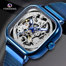 Forsining, синие часы для мужчин, автоматические механические, модные, под платье, квадратный скелет, наручные часы, тонкая сетка, стальной ремешок, аналоговые часы