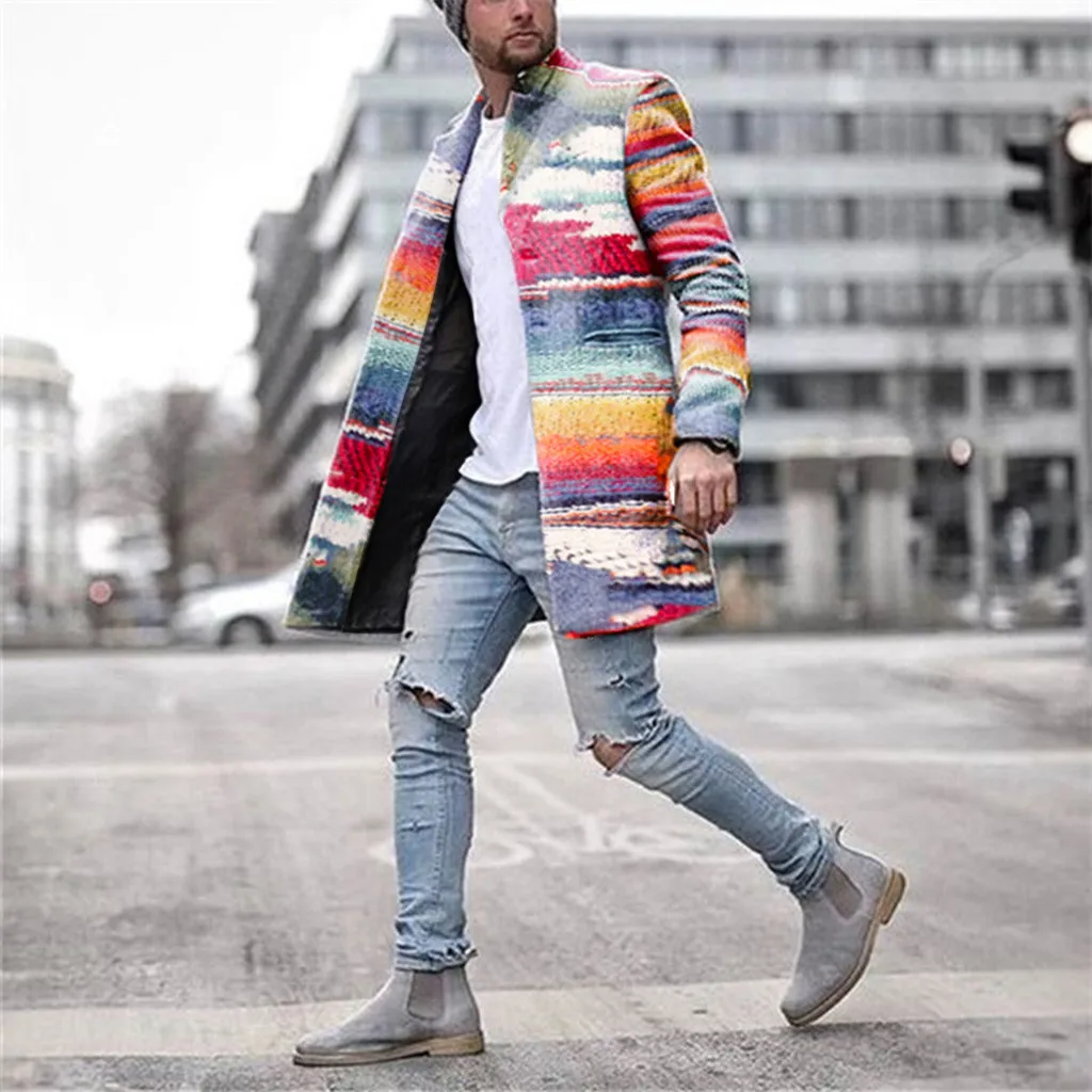 

INS Men's coat Autumn Seven-color Rainbow Stripes Slim Long Single-breasted Woolen Windbreaker High-quality Abrigo de hombre#G2