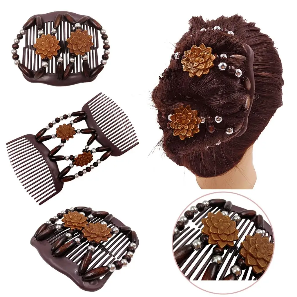 Double Stretch Hair Combs Woman With Wood Beads Vintaje Woman Lady Elastic Clip