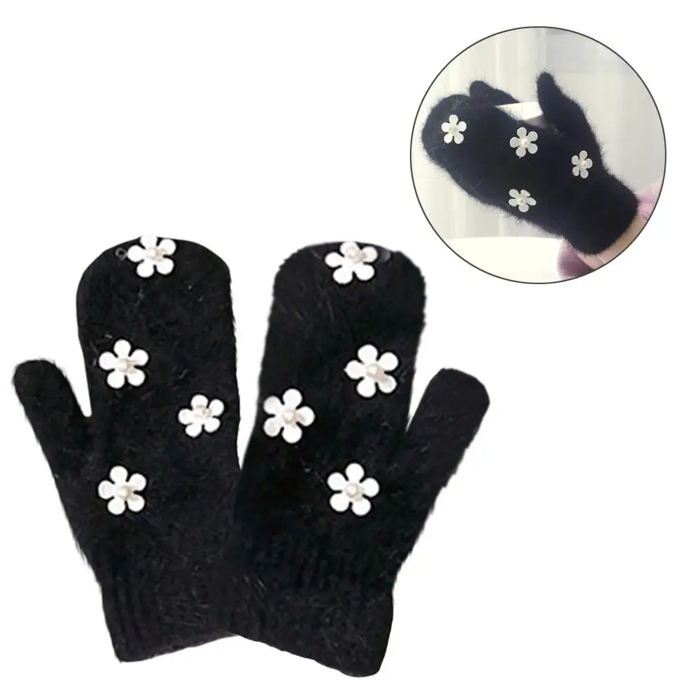 Зимние трикотажные перчатки женские из кроличьей шерсти персональные роскошные цветочные жемчужные украшения варежки повседневная одежда теплые женские перчатки - Цвет: Black