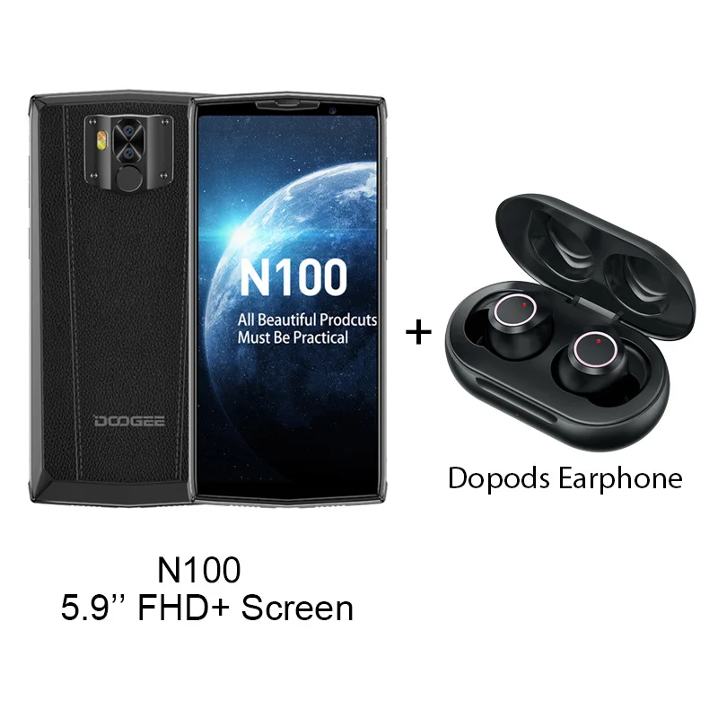 Add Dopods Earphone 10000 мАч батарея Doogee N100 мобильный телефон 5,9 дюймов FHD+ Дисплей 21 Мп+ 8 Мп камера 4 Гб 64 Гб Восьмиядерный MT6763 4G LTE смартфон - Цвет: Add Dopods Earphone