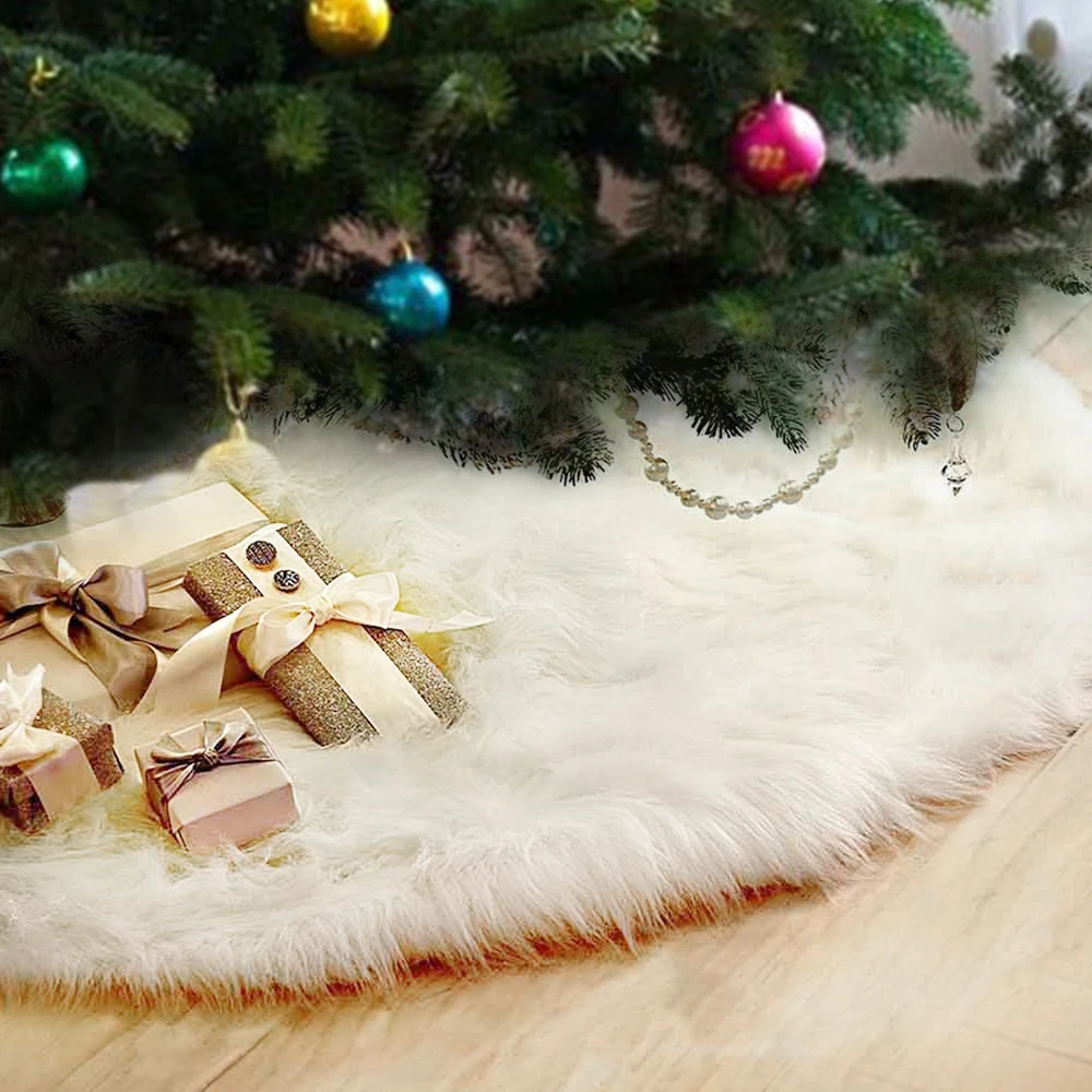 1pc White Christmas Tree Skirt Plush Faux Fur Carpet Xmas Floor Mat Ornaments Merry Christmas New Year Christmas Tree Decoration