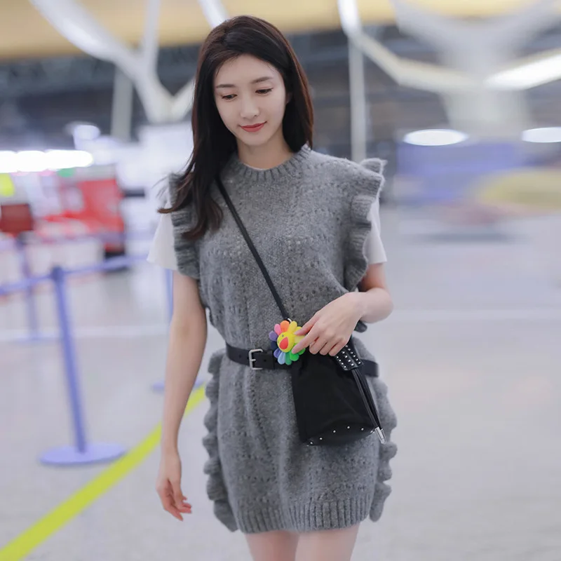 

2019 Grey Ruffled Sweater Knit Dress Sleeveless Pullovers O-Neck Women Sweaters