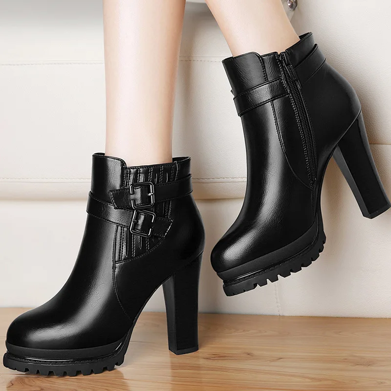 

2018 Autumn And Winter New Style Chunky High Heel Shoes round-Toe Side Zipper Tube Short Boots Waterproof Platform High-heeled S