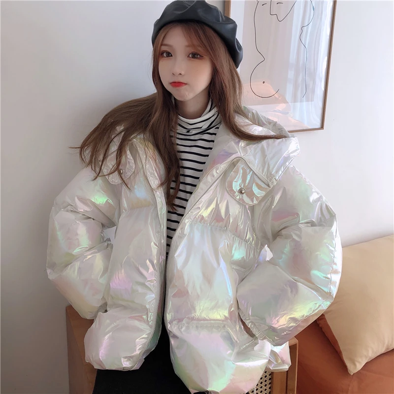 Neploe, модное лазерное зимнее пальто с капюшоном, женские корейские свободные парки с капюшоном, новинка, Корейская куртка на молнии с длинным рукавом, верхняя одежда 56307