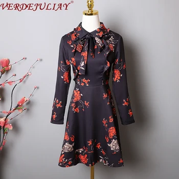 

VERDEJULIAY 2020 Fashion Runway Spring Autumn Dress Elegant Women's Long Sleeve Designer Flower Print Bow Vintage Mini Dress