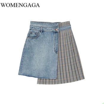 

Loose High Waist Plaid Pleated Denim Split Joint Temperament Half-body Skirt Women Fashion Tide Spring Autumn 2020 P1N0