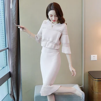 

Fashion Knit Loose Women Clothes Casual Brief A-line Two Piece Set Vintage Korean Embroidery Seven Quarter 2 Pcs Set