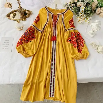 

2019 autumn new women's o-neck lantern sleeve tassel Embroidered ethnic style A-line dress female elegant dresses