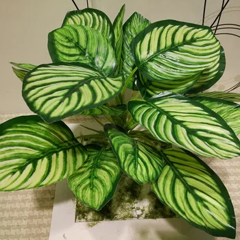 

Green Simulation Plant Wall with Wood Lamination Large 5 Fork Green Peacock Leaf Imitation Flowers Artificial Flower Green Veget