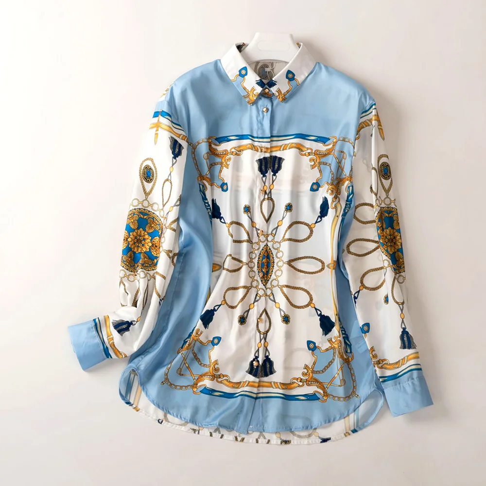 

Autumn Elegant Geometric Print Shirt Women Fashion Poplin Turn Down Collar Long Sleeve Blouse For Woman Fashion Women Blusas