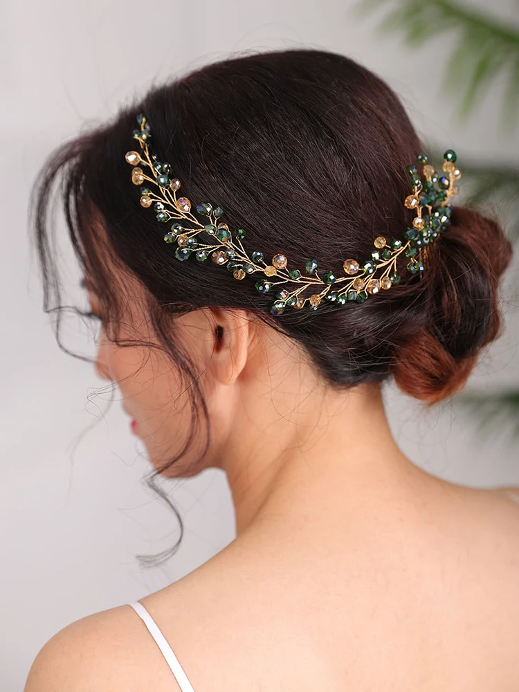 Bridal Headwear tiaras Wedding Bohemian Hair comb Green Headpiece Handmade Bride to be head jewelry Crystal Headbands for women
