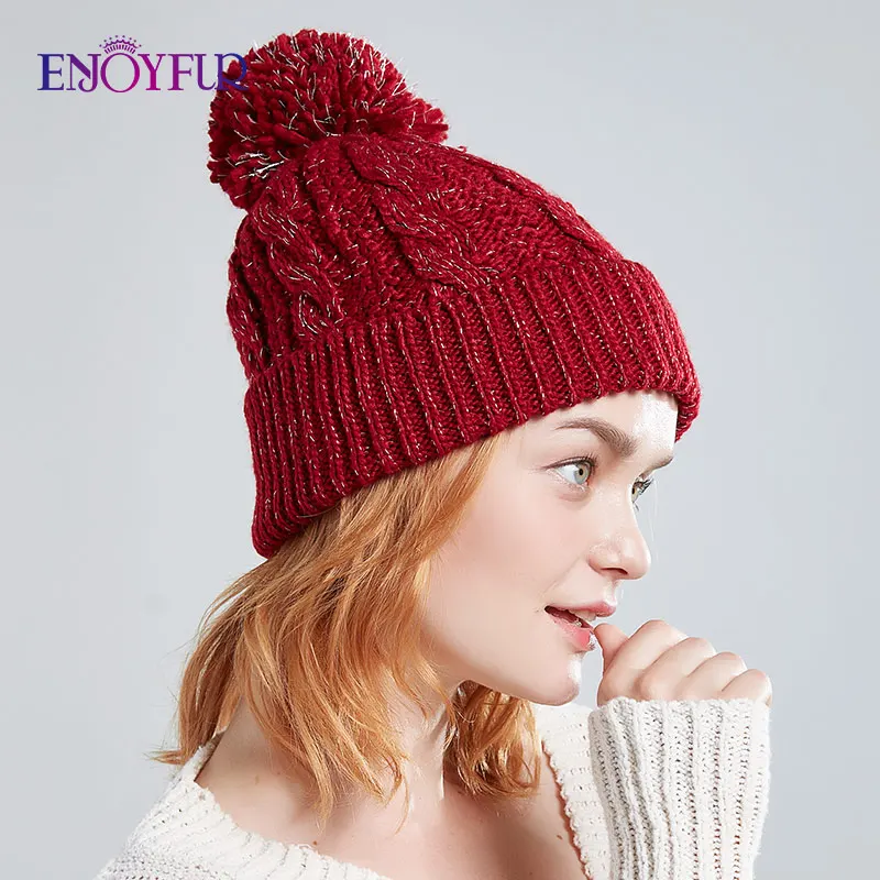 ENJOYFUR зимние шапки для женщин искусственный мех помпон женские шапки Толстая теплая подкладка шапочки для девочек