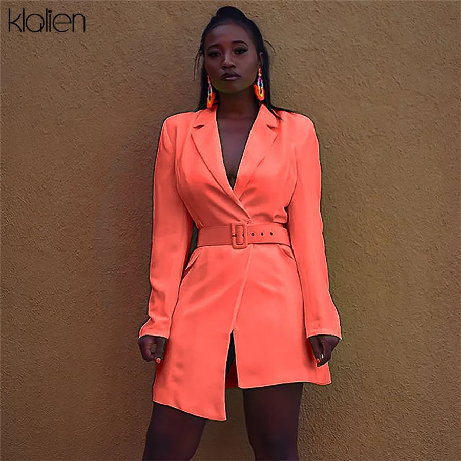 Tanie KLALIEN jesień moda Neon mini sukienki damskie ścięty z długim rękawem Casual High Street Mini sukienka z paskiem odzież 2019