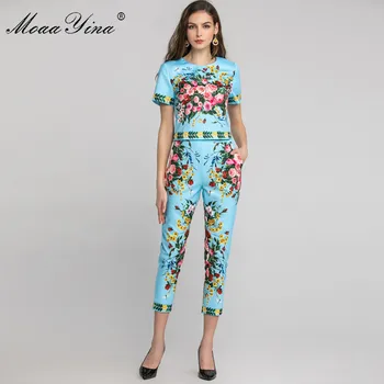 

MoaaYina Fashion Designer Set Spring Summer Women Short sleeve Floral-Print Tops+3/4 pants Two-piece suit