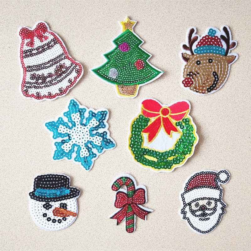 

Christmas tree Sequined Patches Glitter Stars Stickers DIY patch Fabric Appliques Embroidered Iron On clothes Badge Snowflake