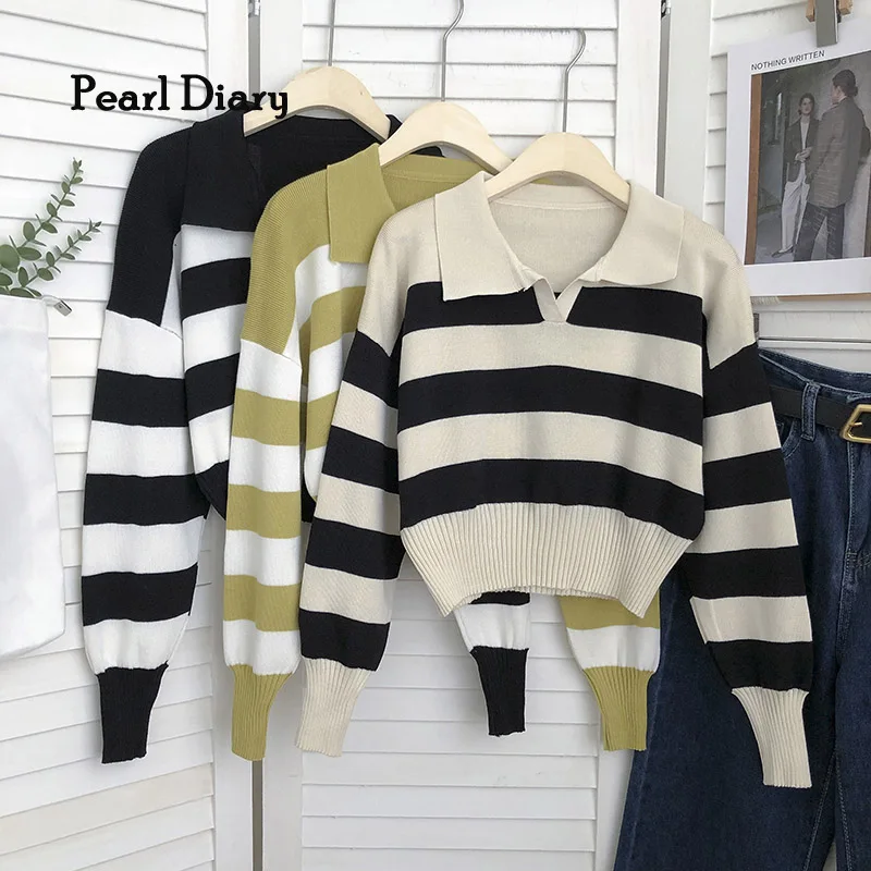 

Pearl Diary Women Sweaters Knitted Stripe Winter Casual Sweaters Long Sleeve Jumper Vintage Warm Pullover