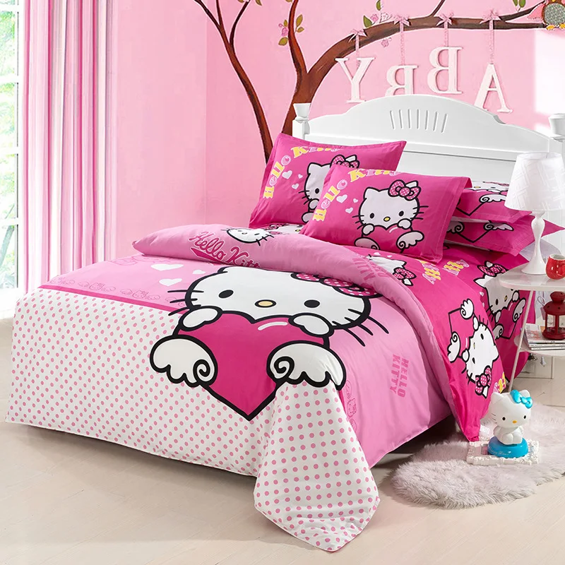 Комплект постельного белья Hello Kitty, детский хлопковый пододеяльник с мультяшным рисунком, Комплект постельного белья, простыня, наволочка, Твин, полный комплект постельного белья, детские подарки - Цвет: Бургундия