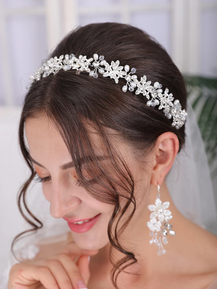 Hair Accessories Bridal Hair Accessories Bridal Jewelry Set Silver Tiara Rhinestone Pearl Headband