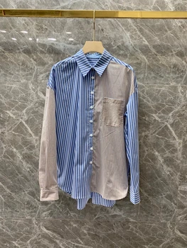 

2020 Early Autumn New Women's Lapel Stripe Spell Color Stitching Decorations Long Sleeve All-match Shirt 814
