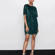 ZA vestido de mujer 2019 brillante con flecos brillante Chic señora Verde Negro streetwear sexy mini club vestido de fiesta(China)