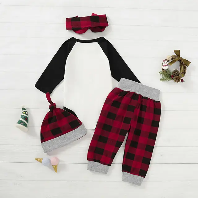 Fashion Baby Boys Girls Sets Xmas Tree Romper Red Plaid Pants Hat Headband 4Pcs Unisex Baby Outfits Christmas Clothes 0-18M 5
