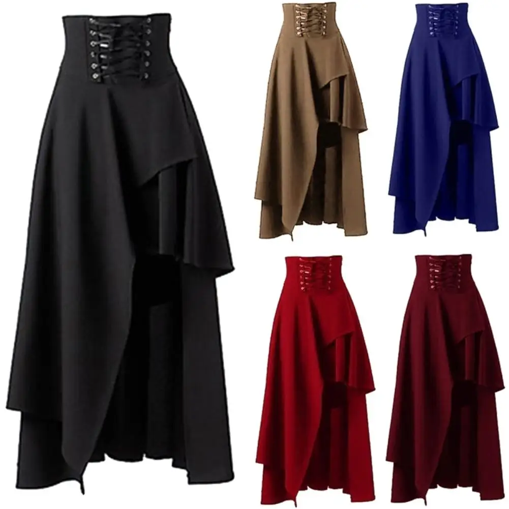 Steampunk Vintage Long Skirts Womens Solid Color Bandage High Waist Pleated Lace Up Elastic Band Max Skirt Midi | Женская одежда
