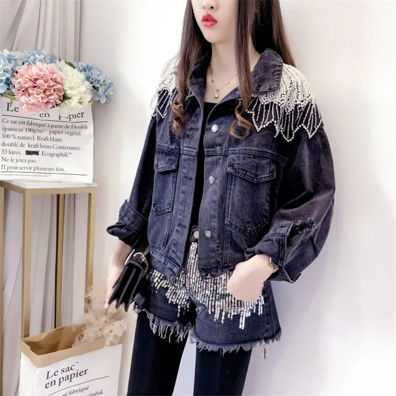 

Autumn Heavy industry Diamonds Pearl Beaded Tassel Hole Big Pocket Black Denim Jacket Women Kurtki wiosenne damskie Jeans jacket