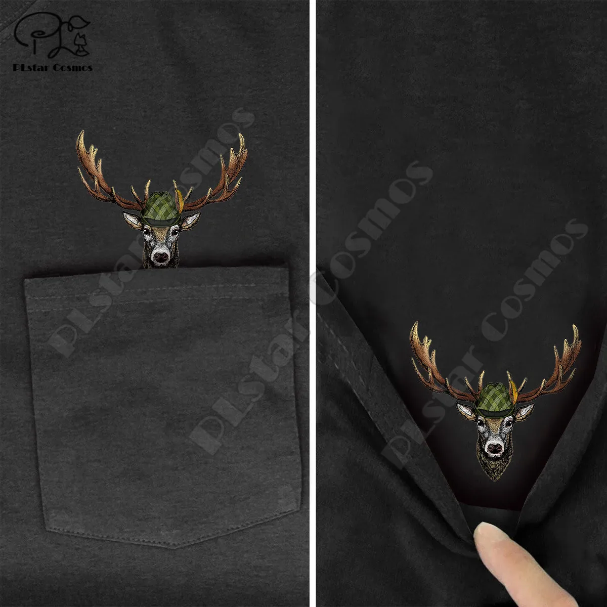 

PLstar Cosmos T Shirt summer pocket Hat deer printed t-shirt men women shirts tops funny cotton black tees Drop shipping