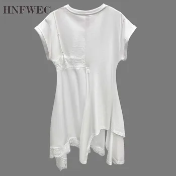 

2020 lace patchwork asymmetrical round neck short sleeves elastic pullover T-shirt female top K301