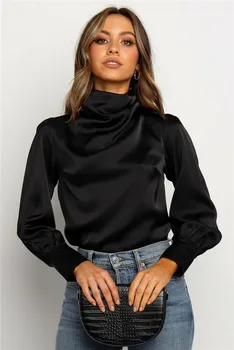 

Elegant Women OL Turtleneck Long Sleeve Loose T-Shirt Shirt Blouses Ladies Fall Autunmn Casual Black Solid Shirt Blouse Tops Tee