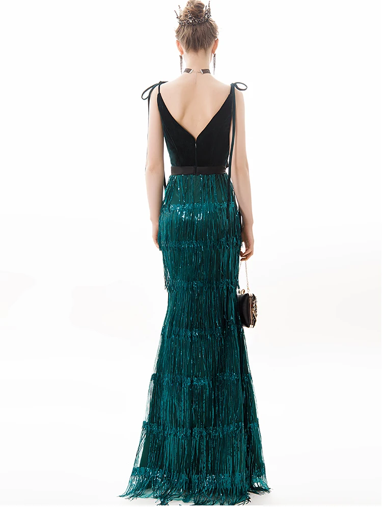 evening wear dresses wei yin AE0380 Long Evening Dress Green Sequins Tassel Fashion Spaghetti Strap Party Gowns Formal Zipper Long Prom Dresses blue ball gown
