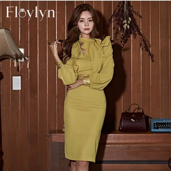 

Vintage Lantern Sleeve Slim Waist Bow Female Pencil Dress 2020 Elegant Ruffles Hip Packaged Women Dresses Party Vestidos femme