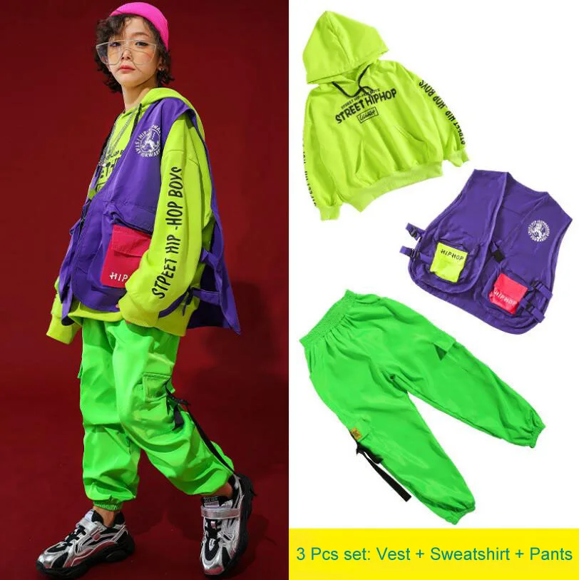 3 pcs set Для детей 6, 8, 10, 12, 14, 16 лет, свободные толстовки с капюшоном, жилет, штаны, джазовый костюм, детская Одежда для танцев в стиле хип-хоп, танцевальные костюмы для мальчиков и девочек - Цвет: 3 pcs set