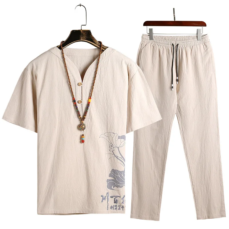 

Summer Wear Flax Short Sleeve T-shirt Trousers Cotton Linen Set Men's Cotton Linen Casual Printed Two Case Chinese-style Cotton