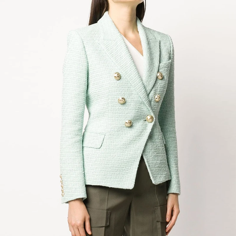 

HIGH QUALITY Newest 2024 Designer Jacket Women's Classic Metal Lion Buttons Double Breasted Tweed Blazer Mint Green