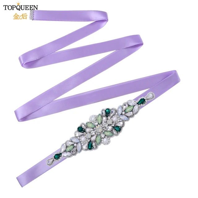 TOPQUEEN S443 Luxury Green Rhinestone Bridal Belt Beaded for Formal Evening Dresses Custom Diamond Decorative Belt Handmade voilet ribbon