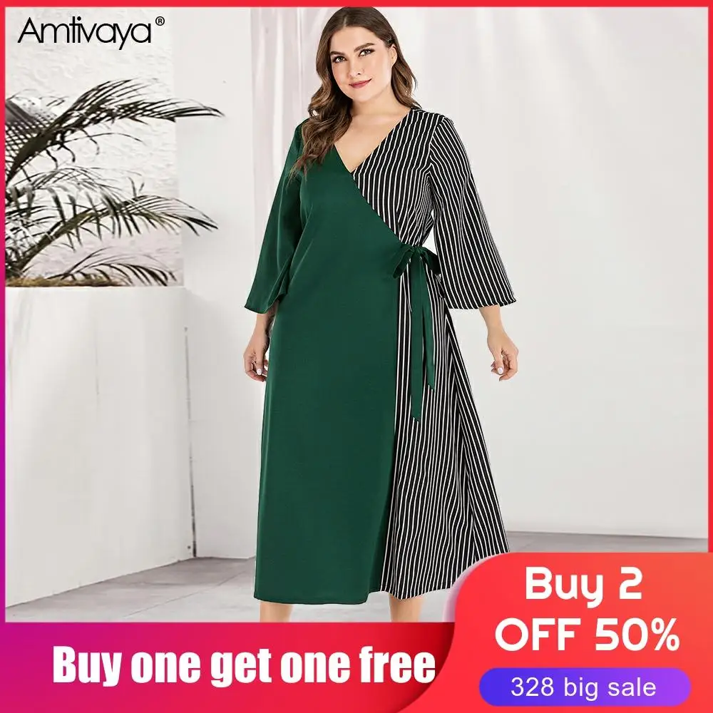 

Amtivaya Plus Size Women V Neck Midi Dress Pockets Pleated Long Sleeve Dresses Female Casual Solid Loose Vestido Patchwork