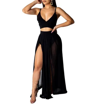 

Summer Clothing Sets New Sexy Solid Color Costume Suits Women V-neck Short Cropped Tops Loose Maxi Slit Skirt Female Summer Suit