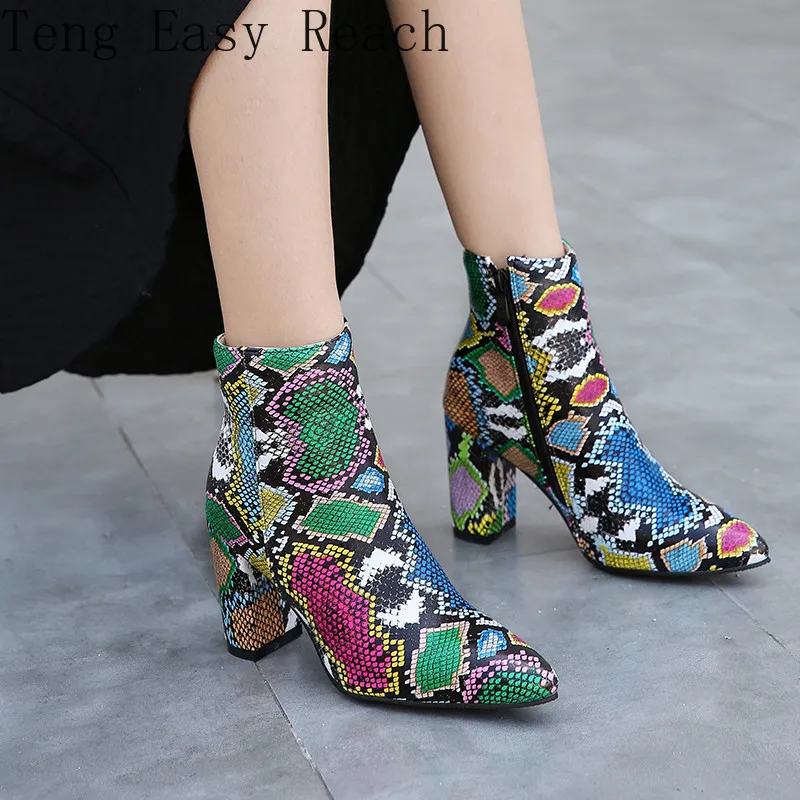 

Womens Boots Autumn Colorful Snake Print Block High Heels Womens Boots Ankle Booties Woman Footwear Plus Size Ladies Shoe 34-43
