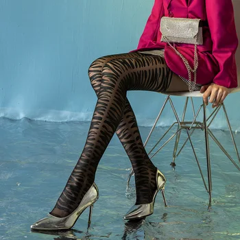 

Women Black Printed Tights Zebra-stripe Transparent Pantyhose Spring Autumn Sheer Footed Pantyhose Silk Party Club Stockings