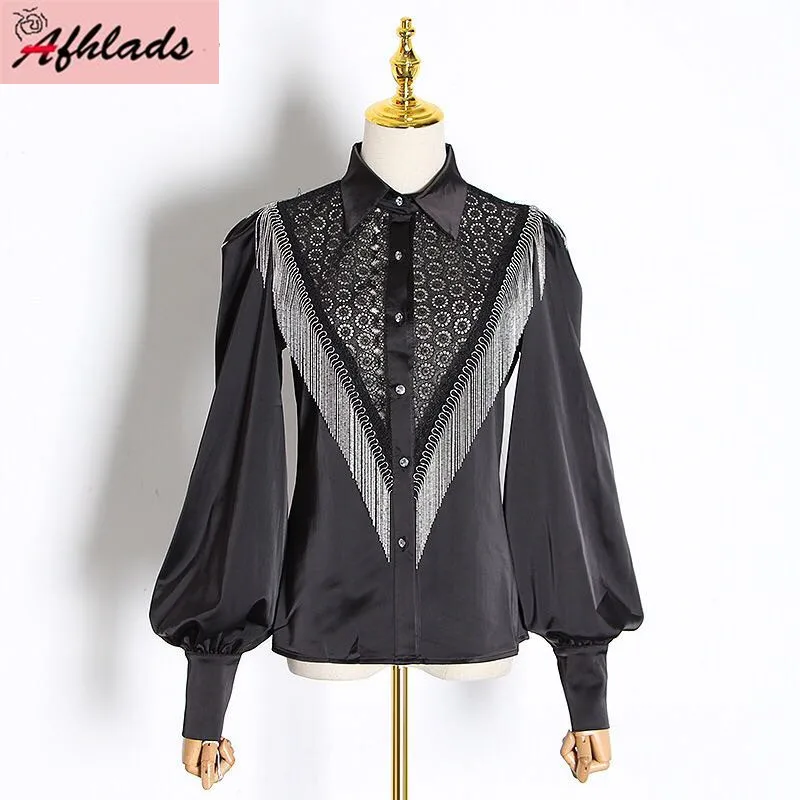 Ladies Fashion Shirt Lace Patchwork Tassel Chain Lantern Sleeve Top Vintage Design Single-Breasted Turn-Down Collar Women | Женская