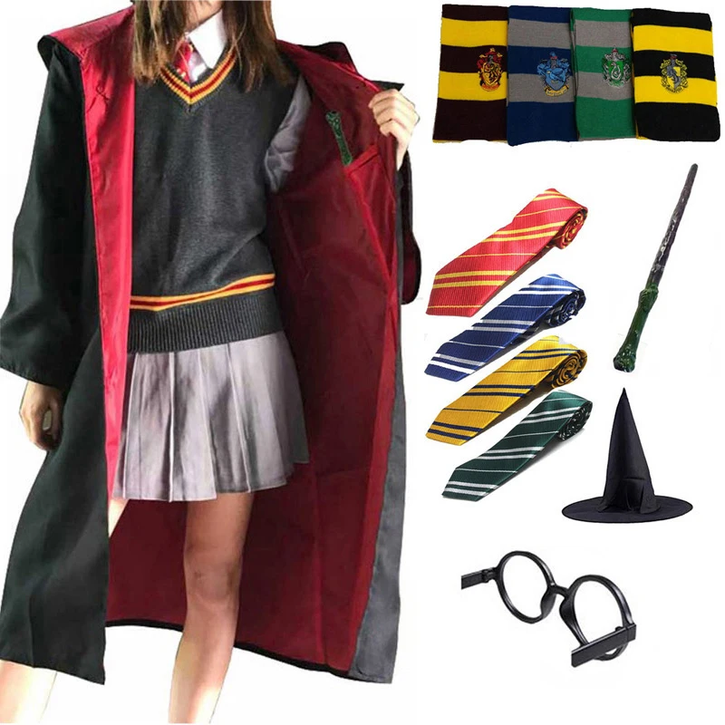 

Potter Cosplay Costumes Robe Cape Suit Tie Scarf Wand Glasses Ravenclaw Gryffindor Potter Hufflepuff Slytherin Cosplay Wholesale